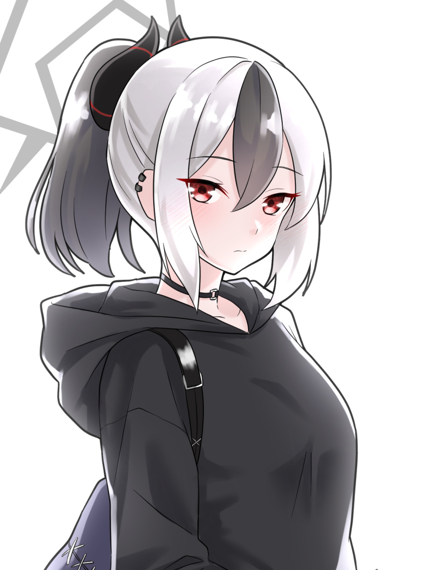 1girl, bag, black_choker, black_hair, black_hoodie, black_jacket, blue_archive, choker