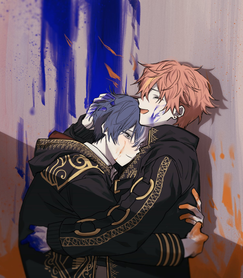 2boys, aoyagi_touya, black_hoodie, blue_hair, closed_eyes, closed_mouth, facepaint, goguma_wagamja
