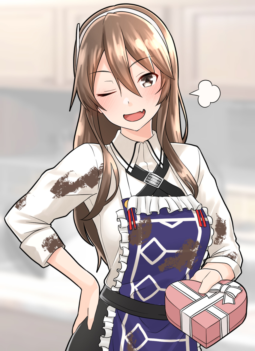 1girl, adapted_costume, apron, ashigara_(kancolle), ashigara_kai_ni_(ichibankuji)_(kancolle), ashigara_kai_ni_(kancolle), black_ribbon, box
