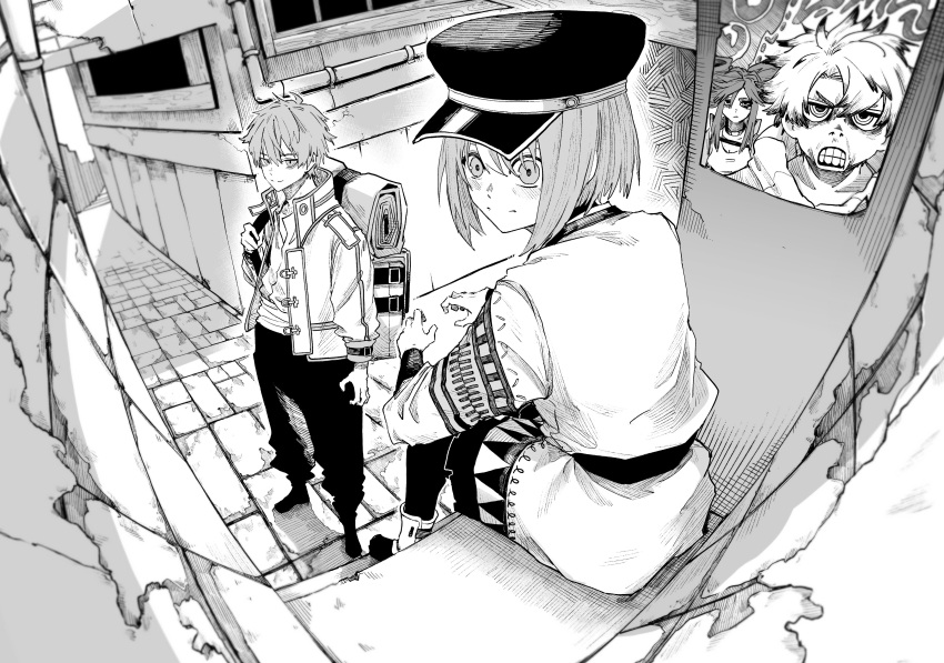 1boy, 1girl, absurdres, alley, backpack, bag, crack, cracked_wall