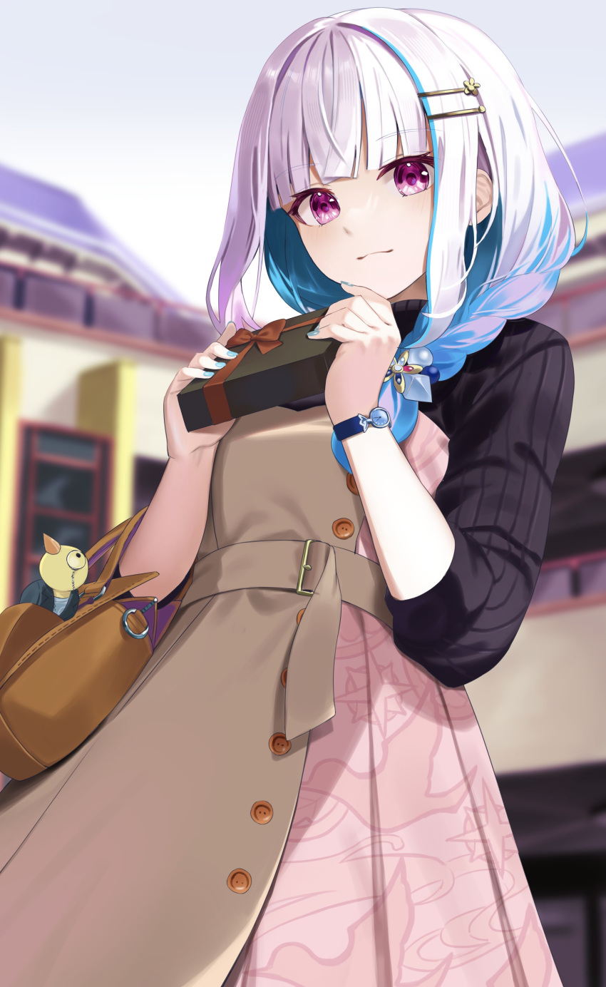 1girl, =_hair_ornament, absurdres, bag, belt, belt_buckle, blue_hair, blue_nails