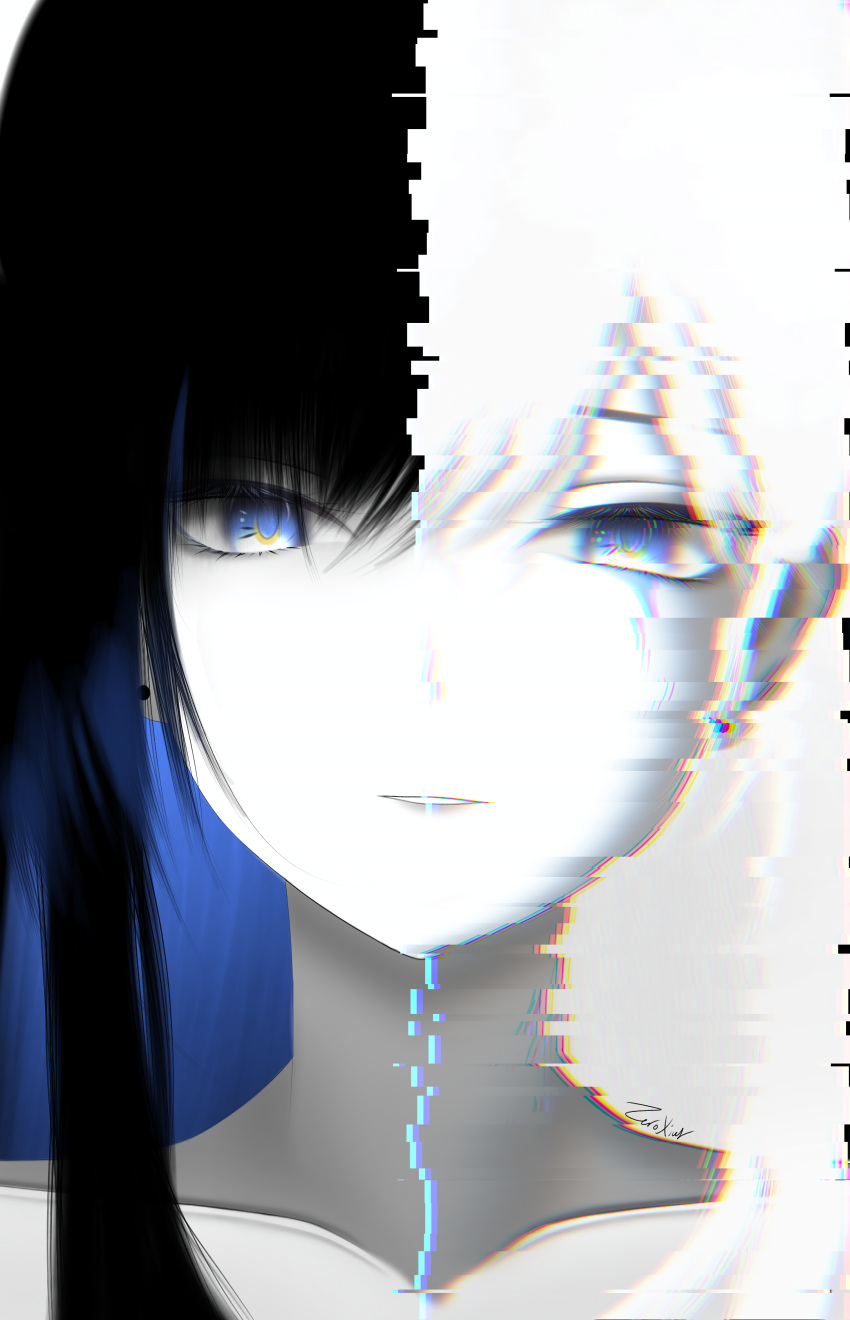 1girl, absurdres, black_hair, blue_hair, colored_inner_hair, ear_piercing, greyscale, highres