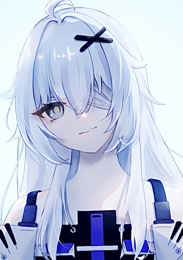 1girl, ahoge, artist_request, bandage_over_one_eye, closed_mouth, grey_eyes, grey_hair, hair_between_eyes