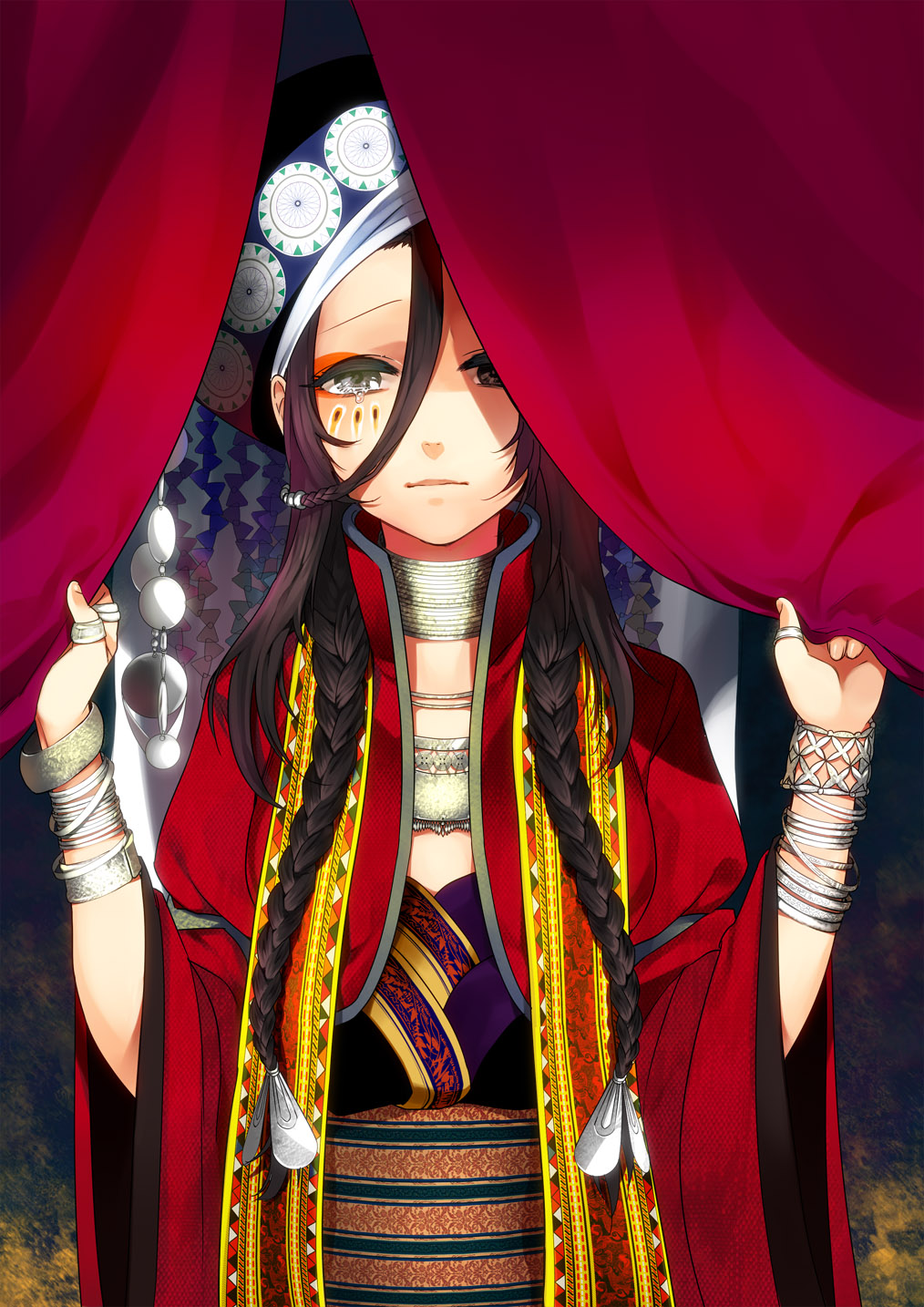 black_hair, bracelet, braid, bust, curtain_grab, curtains, facial_mark, hair_ornament