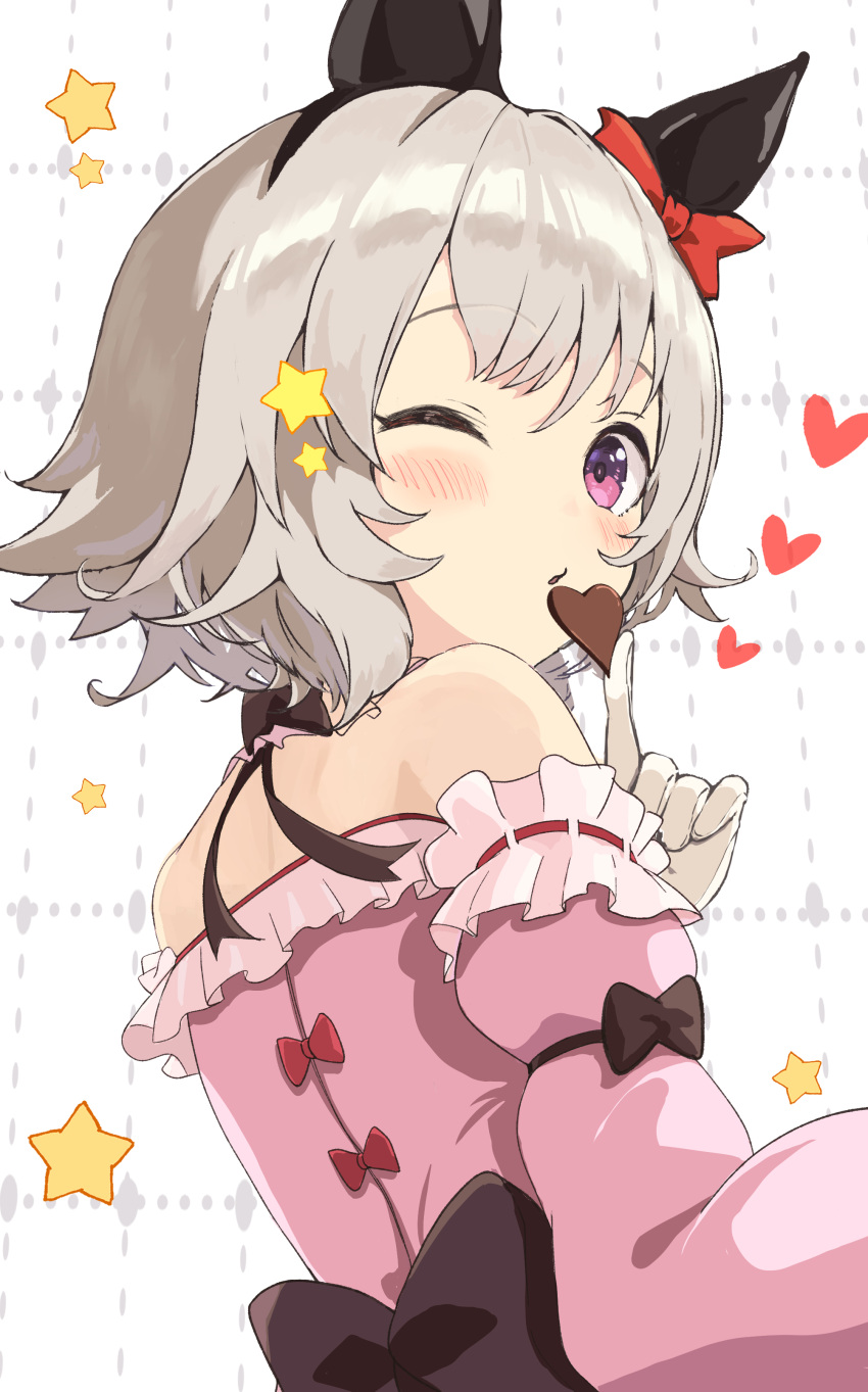 1girl, absurdres, animal_ears, bare_shoulders, bow, candy, chocolate, curren_chan_(umamusume), ear_bow, ear_covers, food, gloves, grey_hair, heart, heart-shaped_chocolate, heart-shaped_food, highres, horse_ears, horse_girl, long_sleeves, looking_at_viewer, looking_back, one_eye_closed, pink_eyes, pink_shirt, red_bow, shirt, short_hair, solo, star_(symbol), tsetainsu, umamusume, upper_body, valentine, white_gloves
