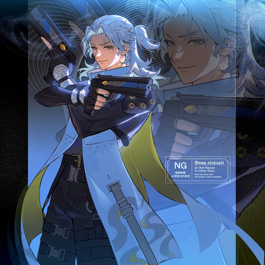 1boy, aalto_(wuthering_waves), black_gloves, black_pants, black_shirt, commentary_request, dual_wielding, fingerless_gloves