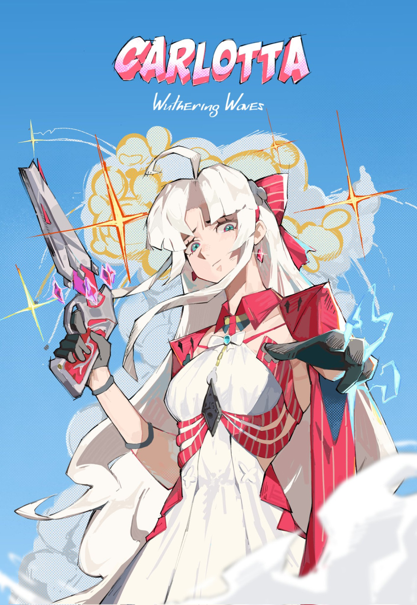 1girl, ahoge, black_gloves, blue_background, blue_eyes, bow, carlotta_(wuthering_waves), character_name, closed_mouth, commentary, copyright_name, dress, earrings, english_commentary, gloves, gun, hair_bow, hand_up, highres, holding, holding_gun, holding_weapon, jacket, jewelry, long_hair, looking_at_viewer, parted_bangs, pink_bow, pink_jacket, sidelocks, smirk, solo, striped_bow, upper_body, very_long_hair, weapon, white_dress, white_hair, wuthering_waves, yukee041230