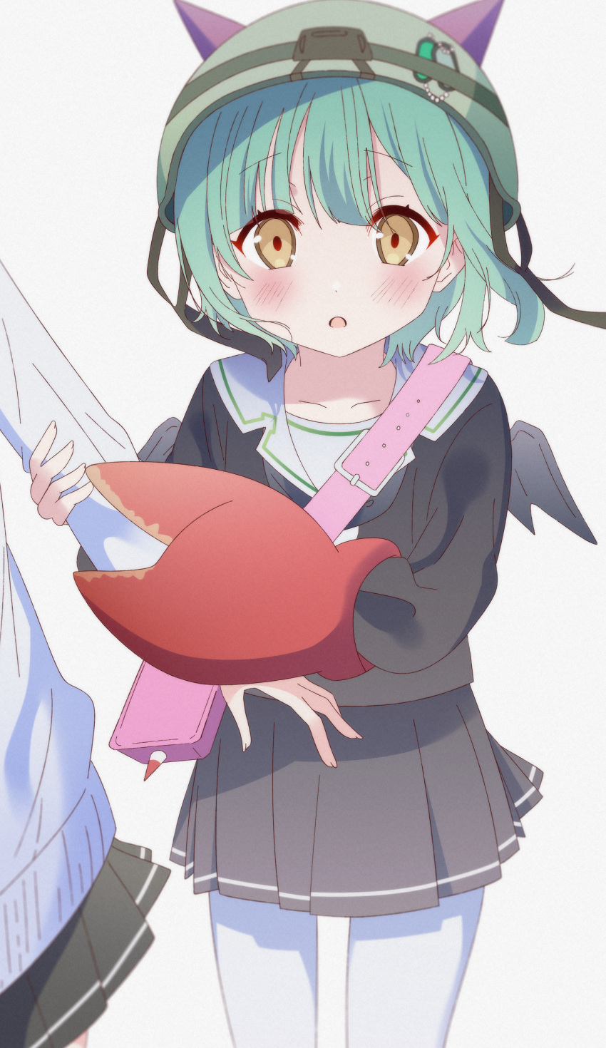 2girls, absurdres, bag, bungo_yayoi, crab_claw, demon_wings, fake_horns, green_hair, hat, heaven_burns_red, highres, horns, minami773, multiple_girls, short_hair, shoulder_bag, skirt, solo_focus, wings, yamawaki_bon_ivar, yellow_eyes
