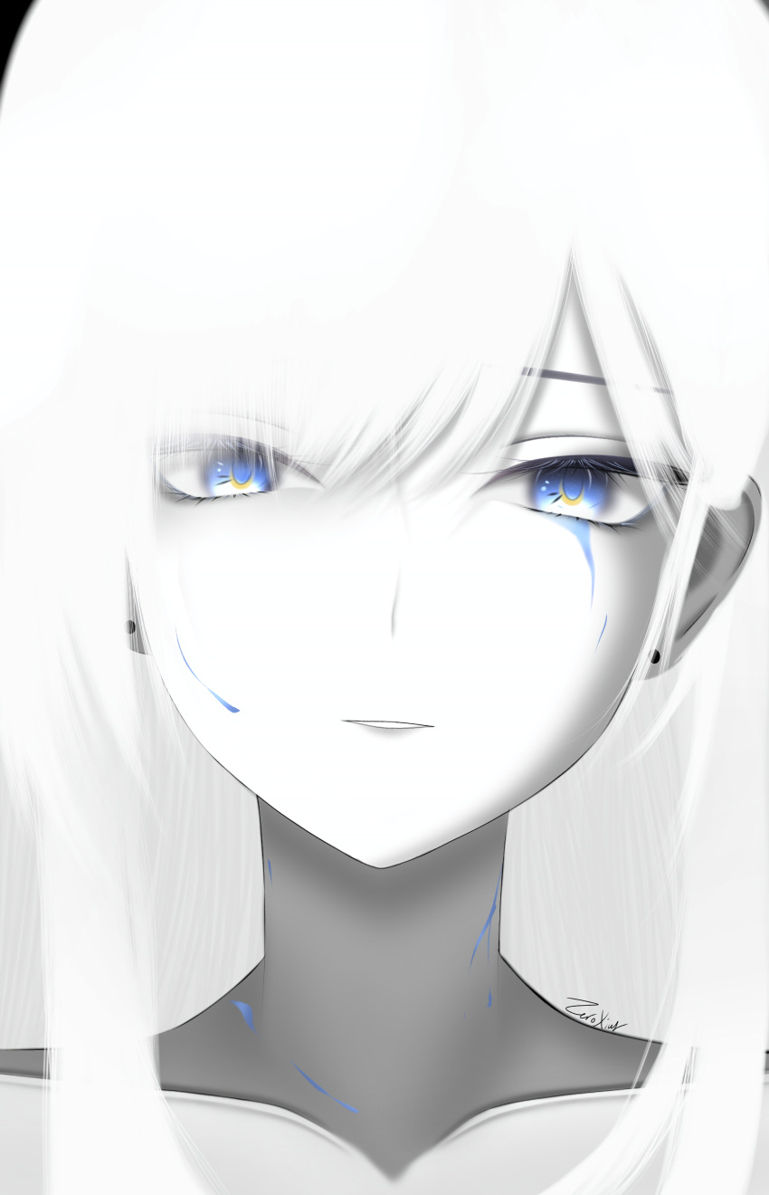 1girl, absurdres, asymmetrical_bangs, cracked_skin, highres, long_sidelocks, looking_at_viewer, multicolored_eyes