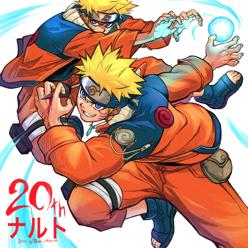 1boy, bandaged_leg, bandages, blonde_hair, blue_eyes, blue_footwear, blue_headband, energy_ball, facial_mark, furrowed_brow, grin, headband, highres, holster, jacket, jewelry, jumpsuit, male_focus, mochi_mangaka, multiple_views, naruto_(series), necklace, orange_jacket, orange_jumpsuit, orange_pants, pants, short_hair, smile, solo, teeth, thigh_holster, toeless_footwear, uzumaki_naruto, whisker_markings, white_background