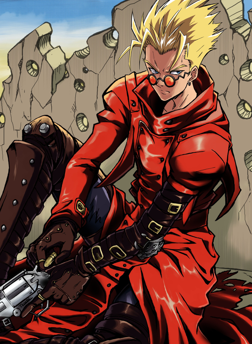 1boy, absurdres, black_gloves, black_pants, blonde_hair, blue_eyes, bullet, bullet_hole