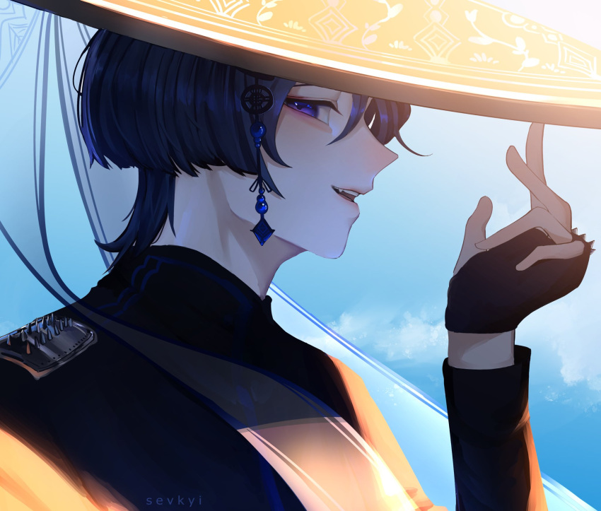 1boy, alternate_costume, armor, black_gloves, black_hair, black_shirt, black_sleeves, blue_sky