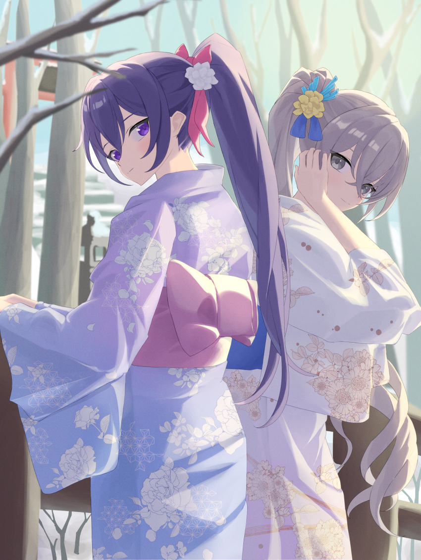 2girls, absurdres, alternate_costume, alternate_hairstyle, azashiro_kp, bare_tree, bow, bronya_rand, closed_mouth, commentary_request, cowboy_shot, crossed_bangs, fence, floral_print, floral_print_kimono, grey_eyes, grey_hair, hair_between_eyes, hair_bow, hair_ornament, hand_on_own_cheek, hand_on_own_face, hand_up, high_ponytail, highres, honkai:_star_rail, honkai_(series), japanese_clothes, kimono, long_hair, long_sleeves, looking_at_viewer, looking_back, multiple_girls, obi, outdoors, ponytail, print_kimono, purple_hair, purple_kimono, sash, seele_(honkai:_star_rail), side-by-side, smile, snow, stairs, stone_lantern, torii, tree, very_long_hair, violet_eyes, white_kimono, wide_sleeves, winter, wooden_fence