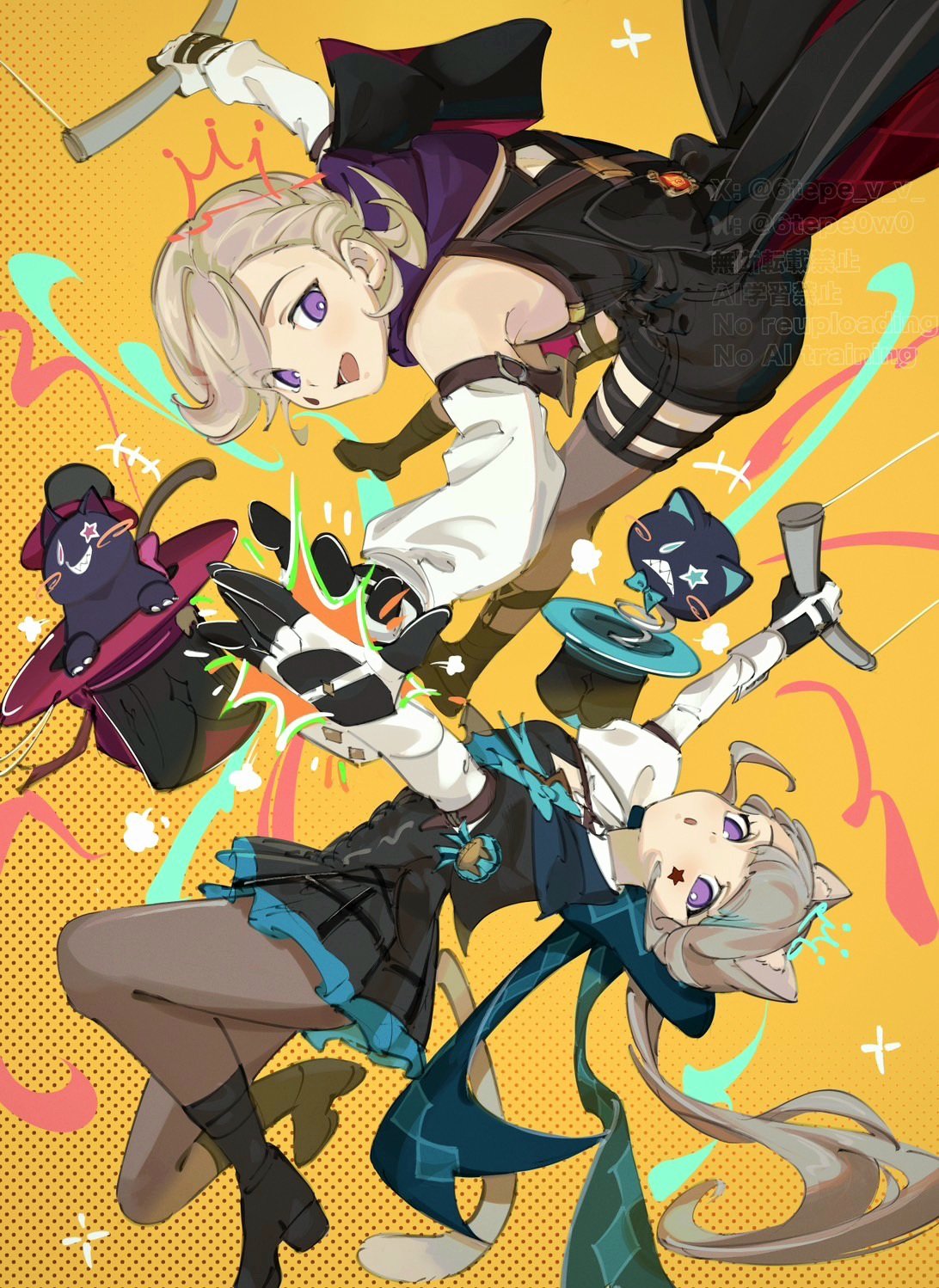1boy, 1girl, 6tepe_v_v, animal_ears, black_dress, black_gloves, black_leotard, black_pantyhose