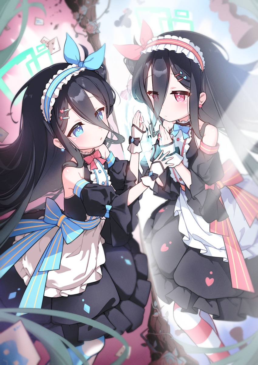2girls, absurdres, alice_in_wonderland, aris_(blue_archive), black_dress, blue_archive, blue_bow, blue_eyes, blue_hairband, blue_halo, bow, card, chess_piece, commentary_request, detached_sleeves, diamond_(shape), different_reflection, dress, earrings, expressionless, frilled_hairband, frills, hair_ornament, hairband, hairclip, halo, heart, highres, jewelry, kei_(blue_archive), kurana_(atlas), looking_at_another, multiple_girls, pink_bow, pink_eyes, pink_hairband, playing_card, reflection, ringed_eyes, sidelocks, sleeveless, sleeveless_dress, wrist_cuffs