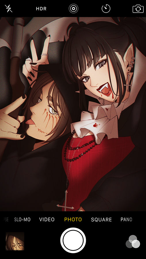 1boy, 1girl, ascot, black_eyeshadow, black_hair, black_jacket, black_nails, blood