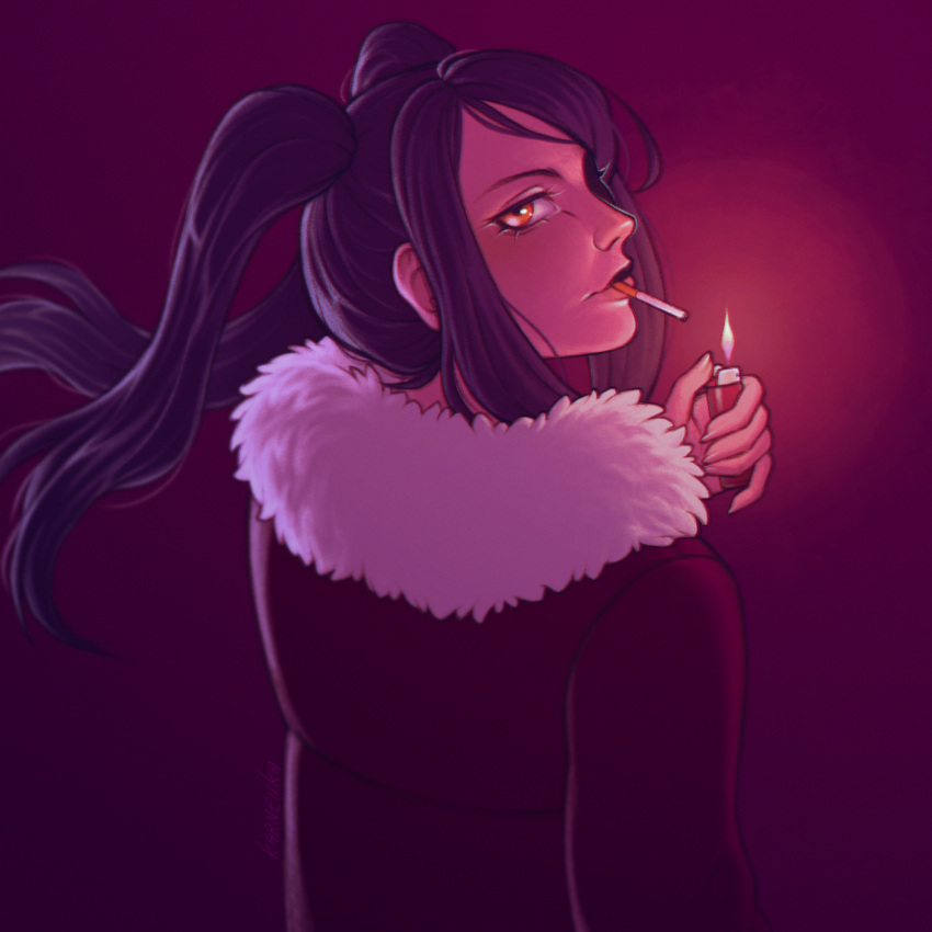 black_hair, cigarette, coat, dark_background, fingernails, fur-trimmed_coat, fur_trim, highres