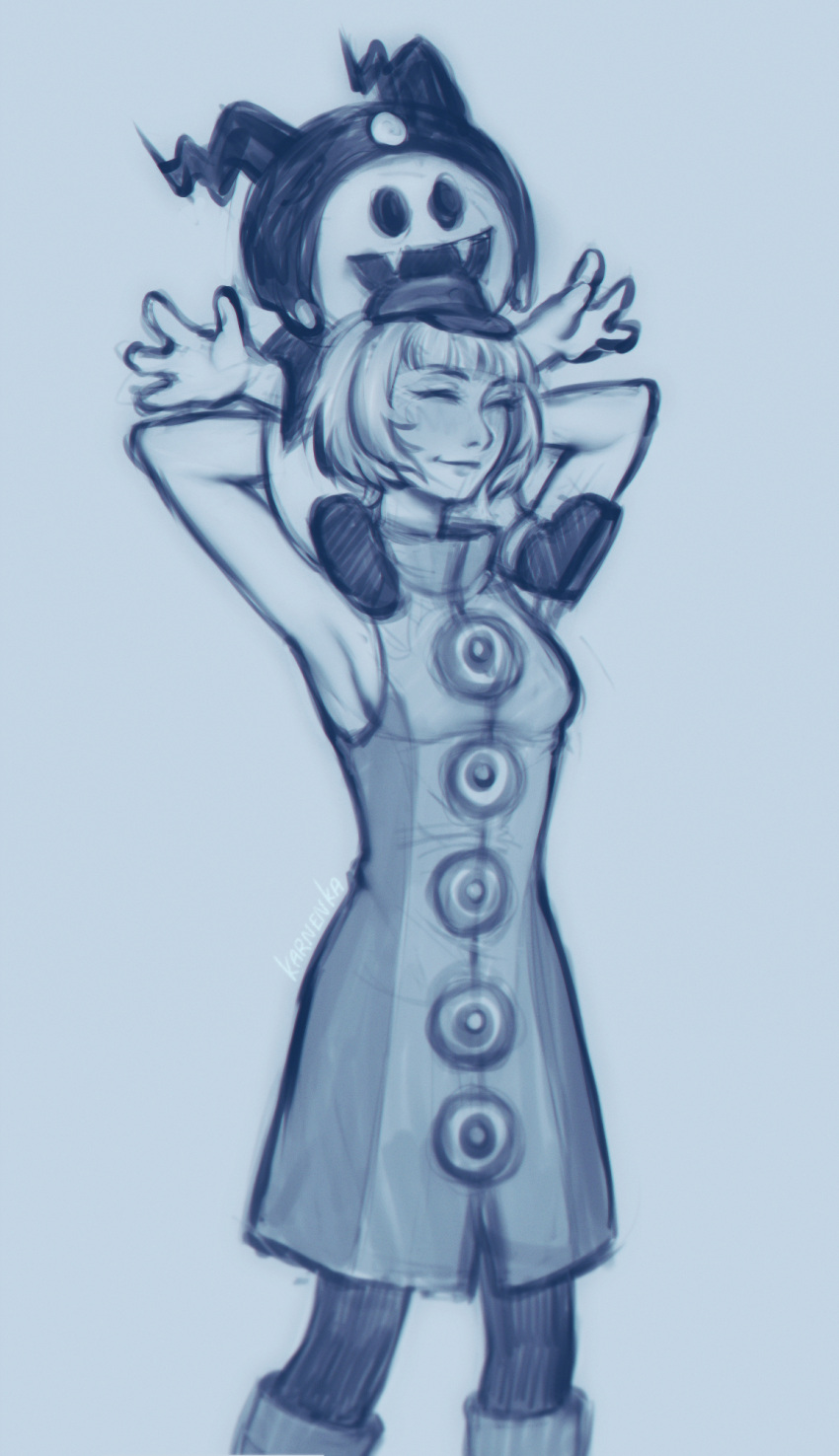 armpits, blue_dress, bob_cut, boots, dress, elizabeth_(persona), hands_up, highres