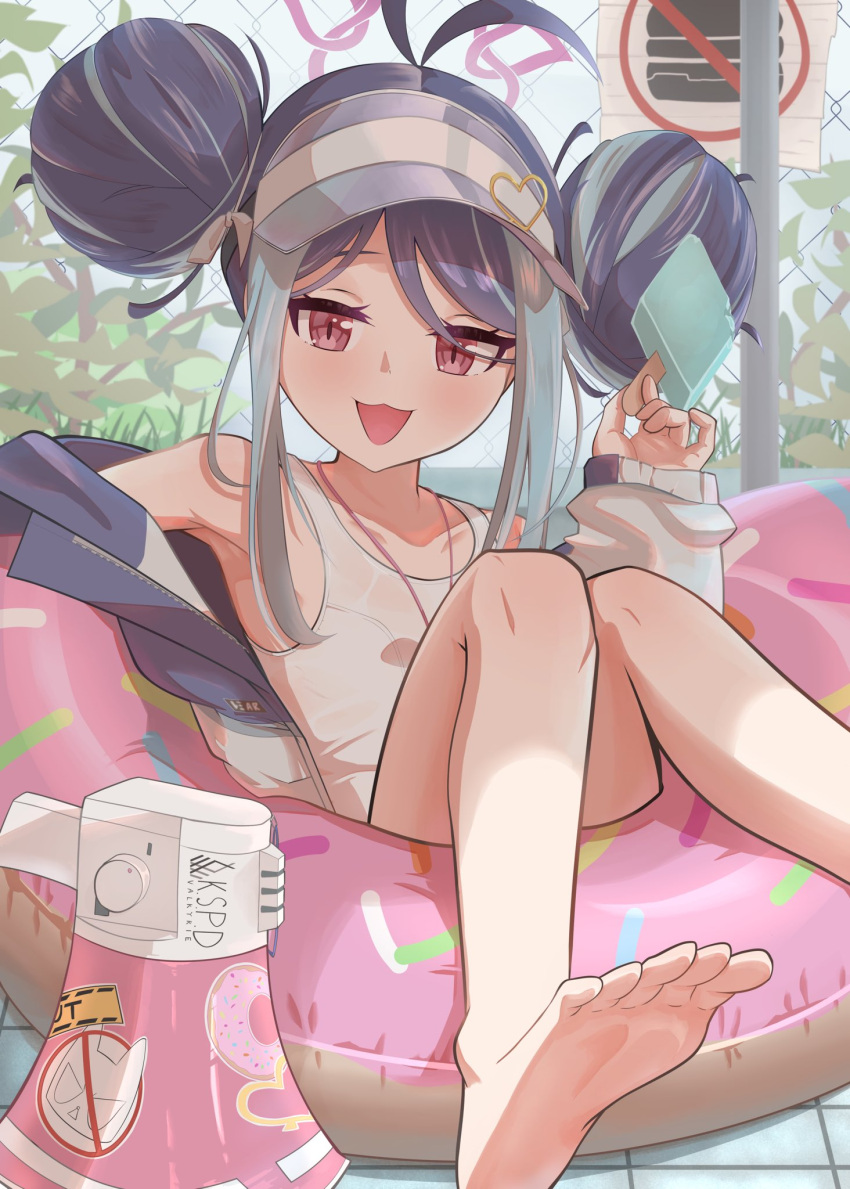 1girl, antenna_hair, bare_legs, bare_shoulders, barefoot, blue_archive, blue_hair, commentary_request