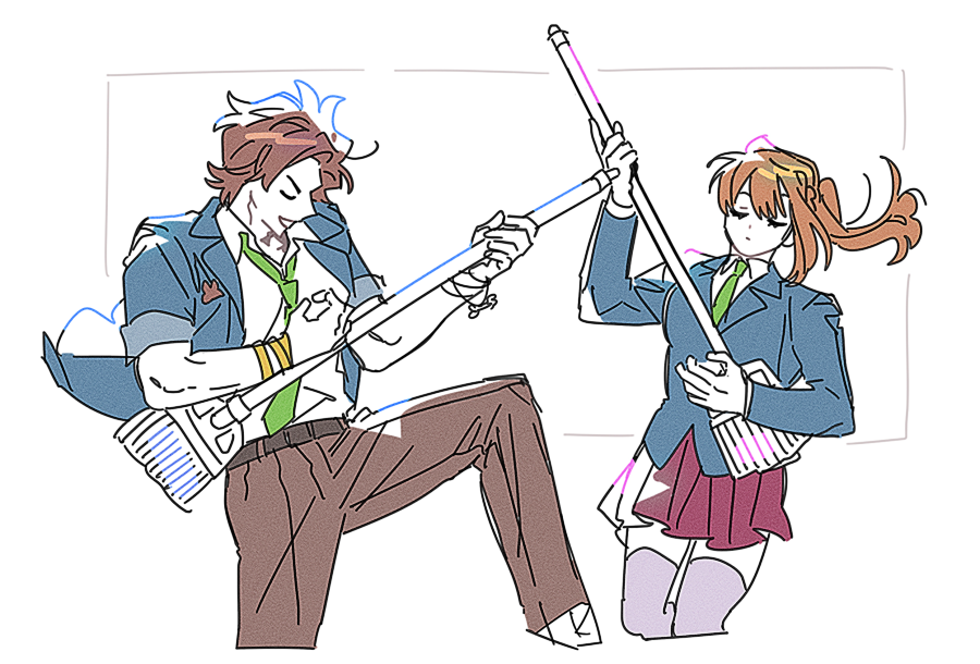 13kmsn, 1boy, 1girl, animal_charm, belt, belt_buckle, black_belt, blue_jacket, bone_necklace, broom, broom_guitar, brown_hair, brown_pants, buckle, cartoon_bone, chidouin_sara, closed_eyes, closed_mouth, collared_shirt, cropped_legs, green_necktie, half_up_braid, holding, holding_broom, jacket, kimi_ga_shine, korean_commentary, lapels, leg_up, long_hair, long_sleeves, multiple_wristbands, necktie, notched_lapels, open_mouth, orange_hair, pants, pink_skirt, pleated_skirt, ponytail, purple_thighhighs, school_uniform, shirt, short_hair, simple_background, single_sidelock, skirt, sleeves_rolled_up, smile, sonobeno_high_school_uniform, sternocleidomastoid_muscle, tazuna_joe, thigh-highs, unconventional_guitar, v-shaped_eyebrows, white_background, white_shirt, wrist_cuffs, wristband, yellow_wrist_cuffs