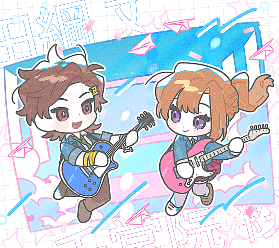 13kmsn, 1boy, 1girl, animal_charm, blue_jacket, blue_stripes, blush_stickers, bone_necklace, brown_footwear, brown_hair, brown_pants, cartoon_bone, character_name, chibi, chibi_only, chidouin_sara, classroom, closed_mouth, clouds, collared_shirt, electric_guitar, full_body, green_necktie, grid_background, guitar, hair_ornament, hairclip, half_up_braid, instrument, jacket, kimi_ga_shine, korean_commentary, lapels, long_hair, long_sleeves, looking_at_another, multiple_wristbands, necktie, notched_lapels, open_mouth, orange_hair, pants, paper_airplane, pink_skirt, pleated_skirt, ponytail, purple_thighhighs, red_eyes, school_uniform, shirt, short_hair, simple_background, single_sidelock, skirt, sleeves_rolled_up, smile, sonobeno_high_school_uniform, sparkle, star_(symbol), tazuna_joe, thigh-highs, v-shaped_eyebrows, violet_eyes, white_shirt, wrist_cuffs, wristband, yellow_wrist_cuffs