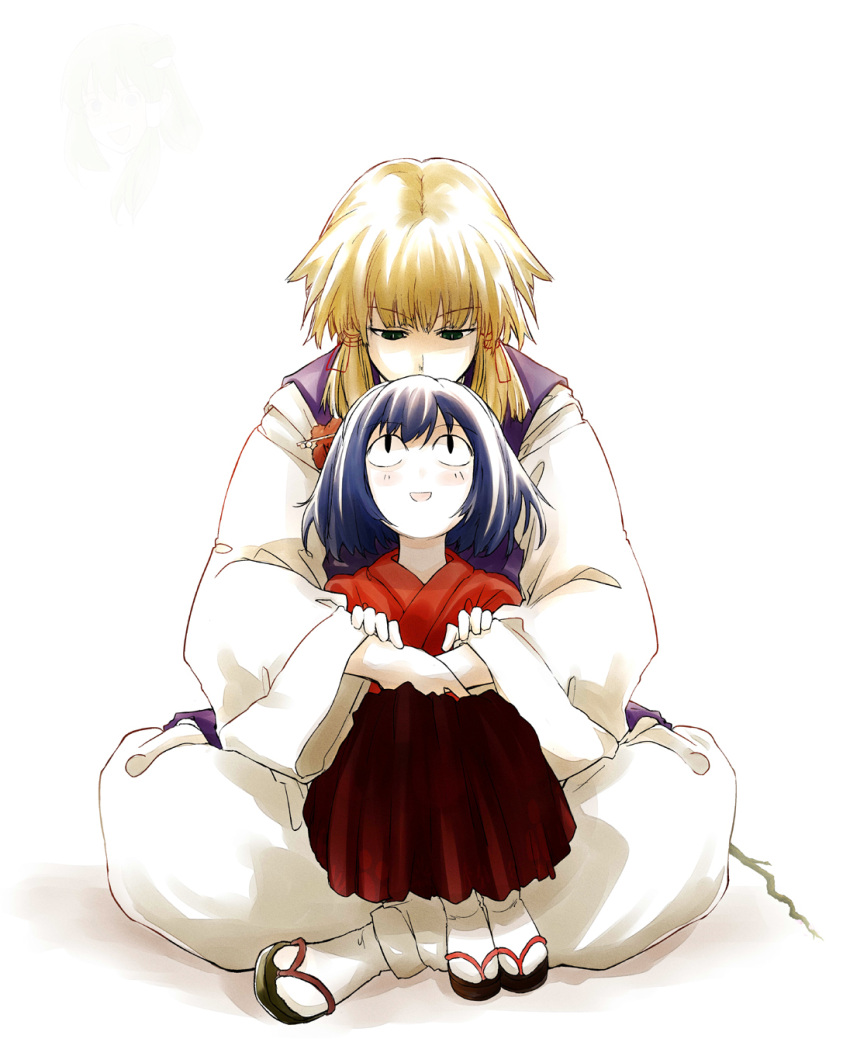2girls, adult, child, crossed_legs, highres, hug, hug_from_behind, japanese_clothes, kochiya_sanae, legs_crossed, looking_up, moriya_suwako, multiple_girls, open_mouth, role_reversal, sandals, serious, sitting, sitting_on_lap, sitting_on_person, smile, snake-eyed_kanako, sokusekimaou, touhou, when_you_see_it, yasaka_kanako, young