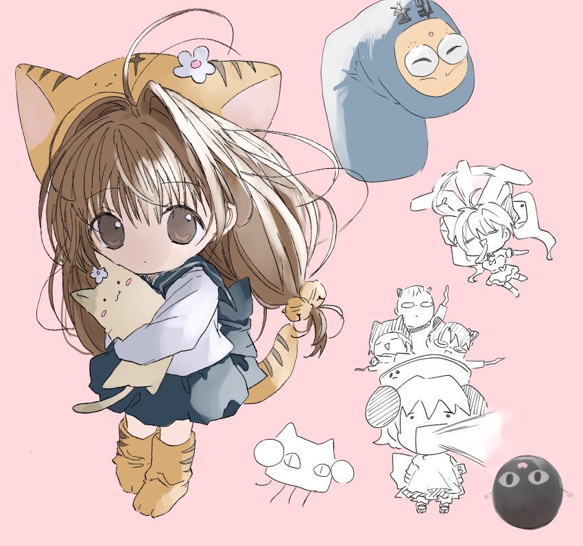 3boys, 3girls, animal, animal_hat, brown_eyes, brown_hair, cat, cat_hat