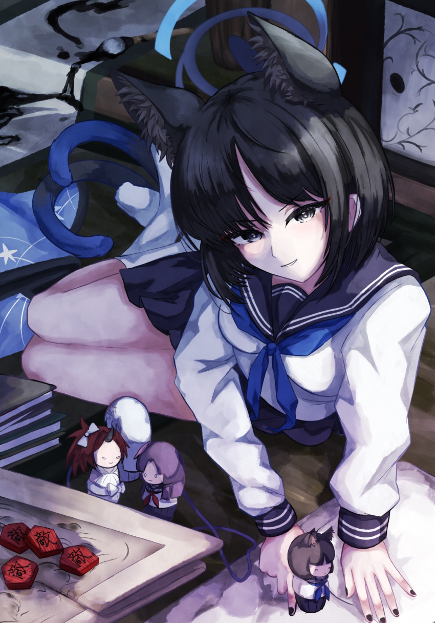 1girl, animal_ear_fluff, animal_ears, black_hair, blue_archive, blue_ribbon, blue_sailor_collar, blue_skirt