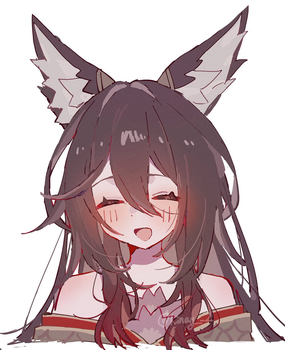 1girl, :d, animal_ear_fluff, animal_ears, bare_shoulders, blush, brown_hair, closed_eyes, dot_nose, fox_ears, fox_girl, fugue_(honkai:_star_rail), hair_between_eyes, highres, hinay_2, honkai:_star_rail, honkai_(series), long_hair, off_shoulder, open_mouth, simple_background, smile, solo, tingyun_(honkai:_star_rail), twitter_username, white_background