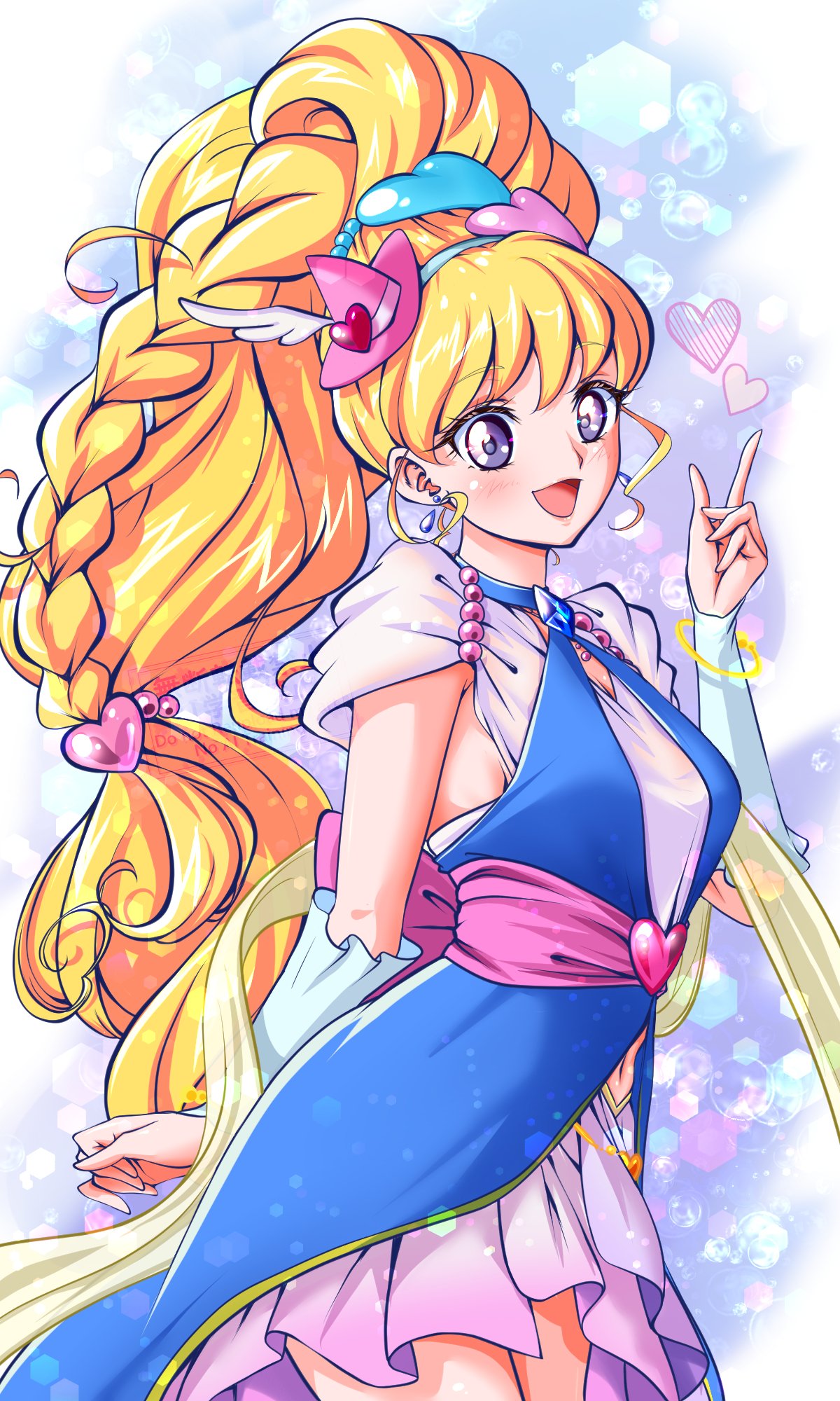 1girl, asahina_mirai, blonde_hair, blue_arm_warmers, blue_choker, blue_dress, blue_gemstone, breasts