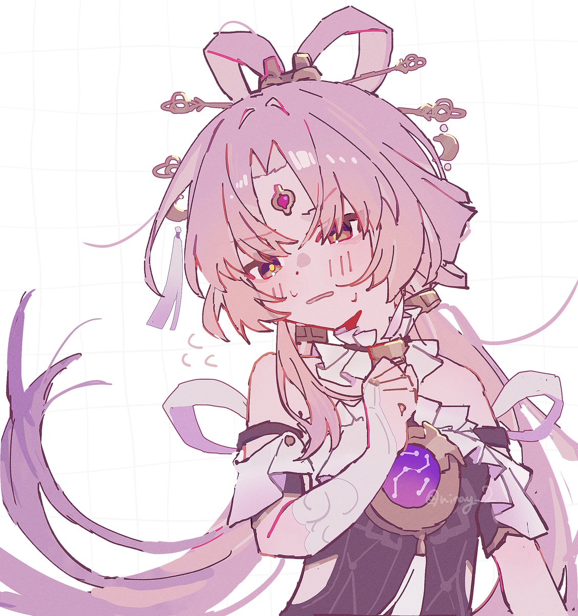 1girl, averting_eyes, bare_shoulders, blush, bodice, breasts, bridal_gauntlets, clenched_hand, collar, embarrassed, feixianji_(hairstyle), forehead_jewel, fu_xuan_(honkai:_star_rail), hair_ornament, hair_rings, hand_up, highres, hinay_2, honkai:_star_rail, honkai_(series), long_hair, looking_to_the_side, orange_eyes, parted_bangs, pink_hair, simple_background, small_breasts, solo, tassel, tassel_hair_ornament, twintails, upper_body, white_background, white_collar