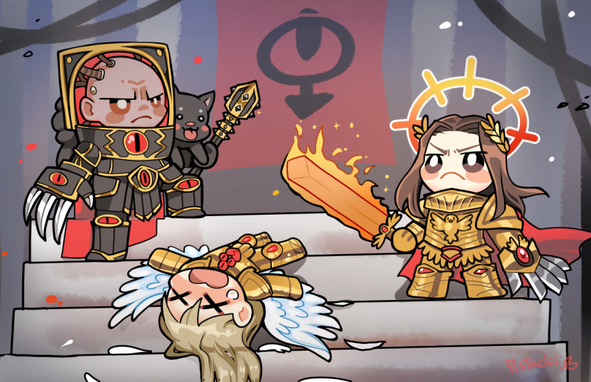 3boys, angel_wings, armor, bald, blood_angels, brown_eyes, brown_hair, chaos_(warhammer), chibi, closed_mouth, emperor_of_mankind, eye_of_horus, flaming_sword, flaming_weapon, halo, hashtag-only_commentary, holding, holding_mace, holding_sword, holding_weapon, horus_lupercal, laurel_crown, mace, male_focus, multiple_boys, open_mouth, pistachii_art, primarch, sanguinius, shoulder_armor, sons_of_horus, standing, sword, warhammer_40k, weapon, wings, x_x