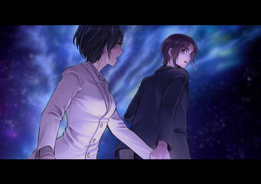 1boy, 1girl, aurora, black_border, black_hair, black_jacket, border, breasts