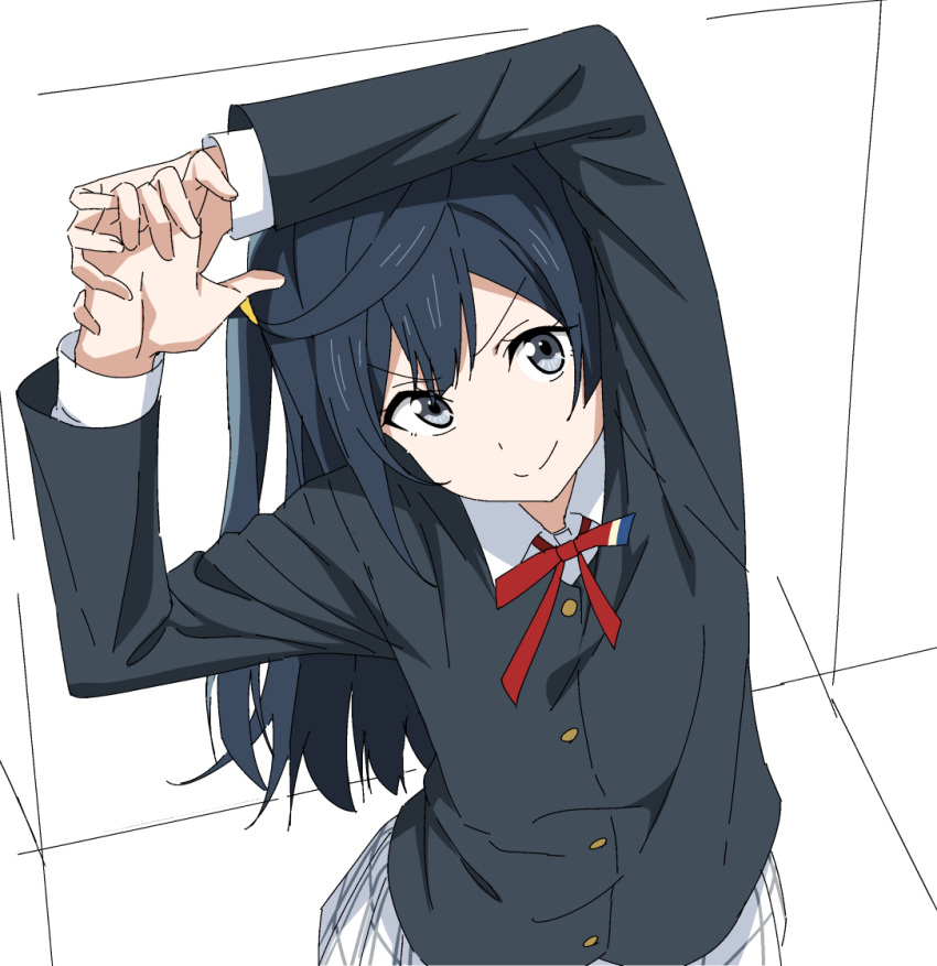 1girl, black_hair, black_jacket, closed_mouth, collared_shirt, commentary_request, grey_eyes, hatenoga
