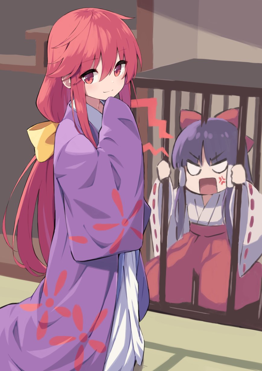 2girls, :d, anger_vein, angry, bow, cage, closed_mouth, commentary_request