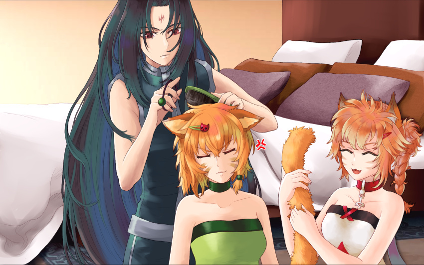 1boy, 2girls, alternate_hairstyle, animal_ears, annoyed, bare_shoulders, bed, black_hair