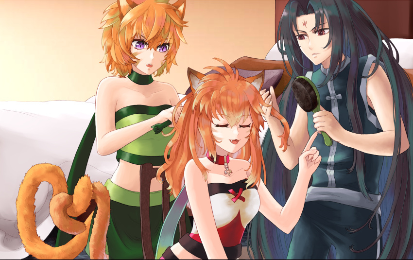 1boy, 2girls, alternate_hairstyle, animal_ears, bed, black_hair, cat_ears, cat_girl