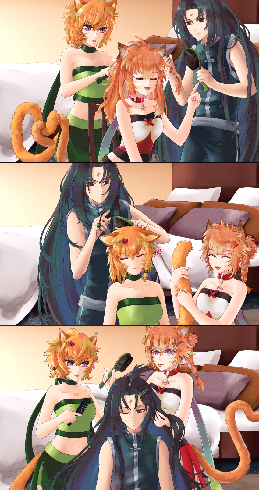 absurdres, alternate_hairstyle, animal_ears, annoyed, bare_shoulders, bed, black_hair, cat_ears