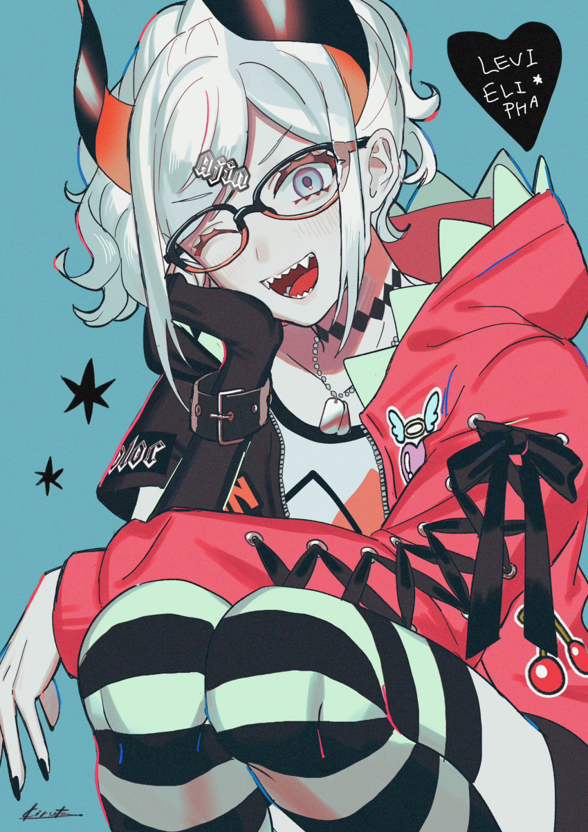 1girl, black_gloves, black_horns, black_nails, blue_background, blue_eyes, blush, fingerless_gloves