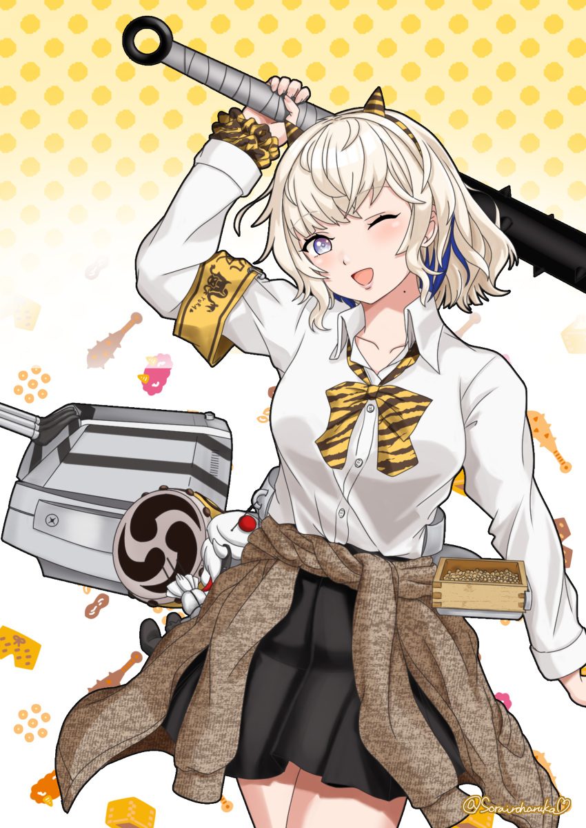 1girl, absurdres, animal_print, armband, black_skirt, blonde_hair, blue_eyes, blue_hair