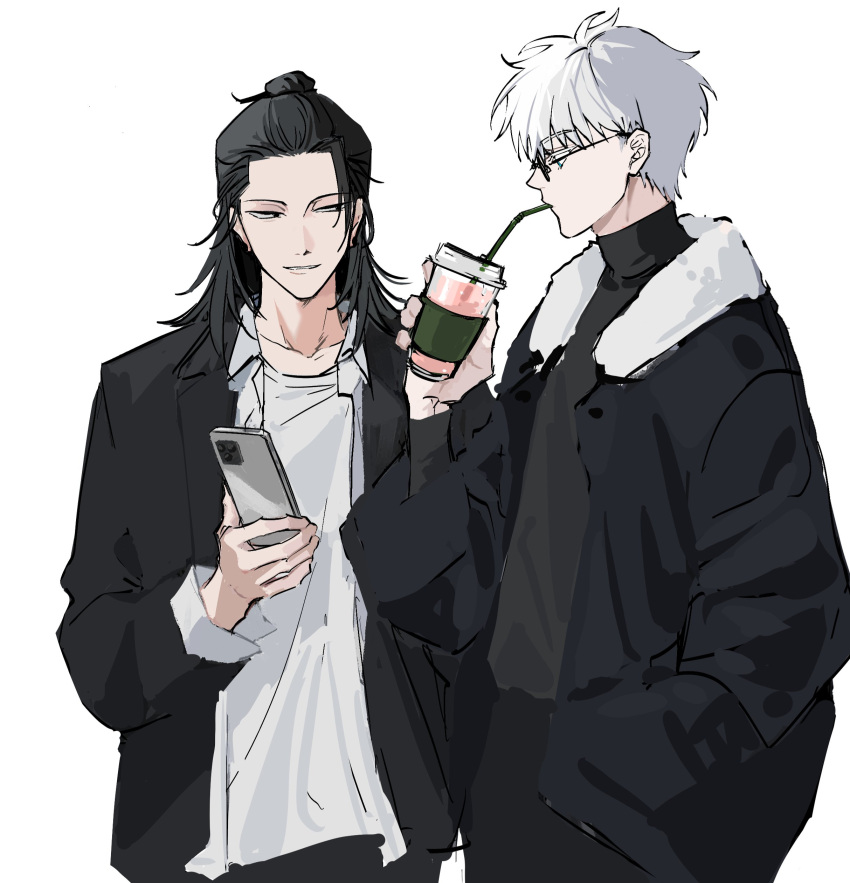 2boys, absurdres, black_coat, black_hair, black_shirt, breasts, coat, collared_shirt, colored_eyelashes, cup, disposable_coffee_cup, disposable_cup, drinking, getou_suguru, gojou_satoru, hair_between_eyes, hair_bun, half_updo, hand_in_pocket, highres, holding, holding_phone, jujutsu_kaisen, lldqll, looking_at_another, male_focus, medium_breasts, multiple_boys, parted_lips, phone, shirt, shirt_under_shirt, short_hair, smile, sunglasses, turtleneck, upper_body, white_background, white_hair, white_shirt