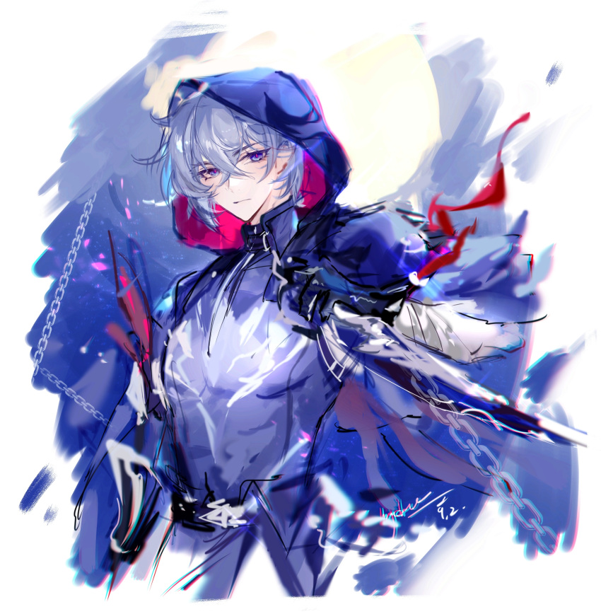 1boy, absurdres, arm_at_side, bandaged_wrist, bandages, black_gloves, chain, chromatic_aberration, closed_mouth, compression_shirt, cowboy_shot, cropped_jacket, crossed_bangs, dagger, expressionless, feathers, full_moon, gloves, grey_hair, hair_between_eyes, hand_up, highres, holding, holding_dagger, holding_knife, holding_weapon, honkai:_star_rail, honkai_(series), hood, hood_up, jacket, knife, looking_at_viewer, luludeer386, male_focus, moon, moze_(honkai:_star_rail), purple_jacket, purple_shirt, red_feathers, red_pupils, reverse_grip, shirt, short_hair, sideways_glance, signature, single_sidelock, solo, two-sided_fabric, violet_eyes, weapon, white_background