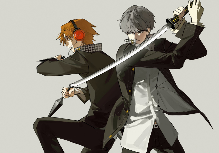 2boys, back-to-back, belt, belt_buckle, black_belt, black_jacket, black_pants, brown_eyes