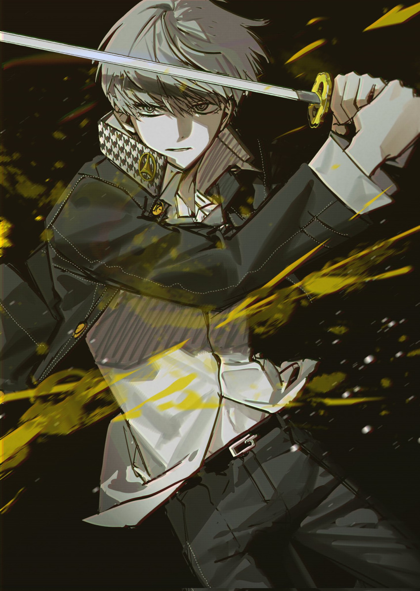 1boy, belt, belt_buckle, black_background, black_belt, black_jacket, black_pants, buckle, collared_shirt, cowboy_shot, grey_eyes, grey_hair, hair_between_eyes, highres, holding, holding_sword, holding_weapon, jacket, katana, lldqll, long_sleeves, male_focus, midriff, narukami_yuu, pants, parted_lips, persona, persona_4, popped_collar, shirt, short_hair, solo, sword, weapon, white_shirt