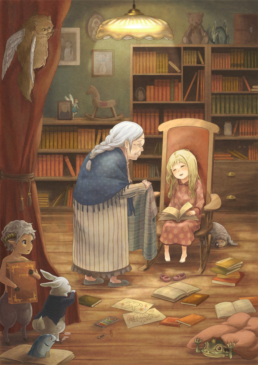 animal, barefoot, blonde_hair, book, bookshelf, braid, bunny, cat, chair, child, crayon, creature, crown, curtains, dodo_(bird), dodo_bird, dragon, drawings, fairy, fish, frog, glasses, goatboy, grey_hair, highres, horns, indoors, lamp, long_hair, old_woman, original, pajamas, photo_(object), pipe, rabbit, rocking_horse, room, satyr, sheep_sleep, sitting, sleeping, smile, stuffed_animal, stuffed_toy, teddy_bear, white_hair, white_rabbit, wings