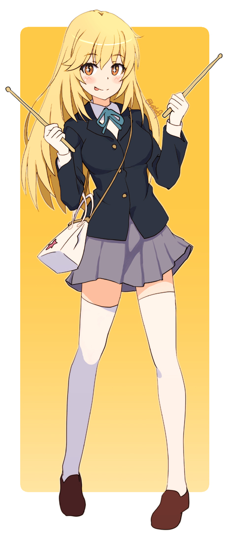 1girl, :p, bag, black_jacket, blazer, blonde_hair, border, brown_eyes, commentary_request, drumsticks, full_body, gloves, grey_skirt, handbag, holding, holding_drumsticks, jacket, loafers, long_hair, looking_at_viewer, no_print, pleated_skirt, raika9, shoes, shokuhou_misaki, skirt, solo, sparkling_eyes, star_(symbol), star_print, thigh-highs, toaru_kagaku_no_railgun, toaru_majutsu_no_index, tongue, tongue_out, twitter_username, white_border, white_gloves, white_thighhighs, yellow_background, zettai_ryouiki