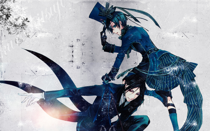 2boys, black_hair, blue_eyes, blue_hair, butler, ciel_phantomhive, coattails, demon, eye_patch, eyepatch, formal, gloves, hat, kuroshitsuji, male, pinstripe, red_eyes, sebastian_michaelis, suit, top_hat, wallpaper