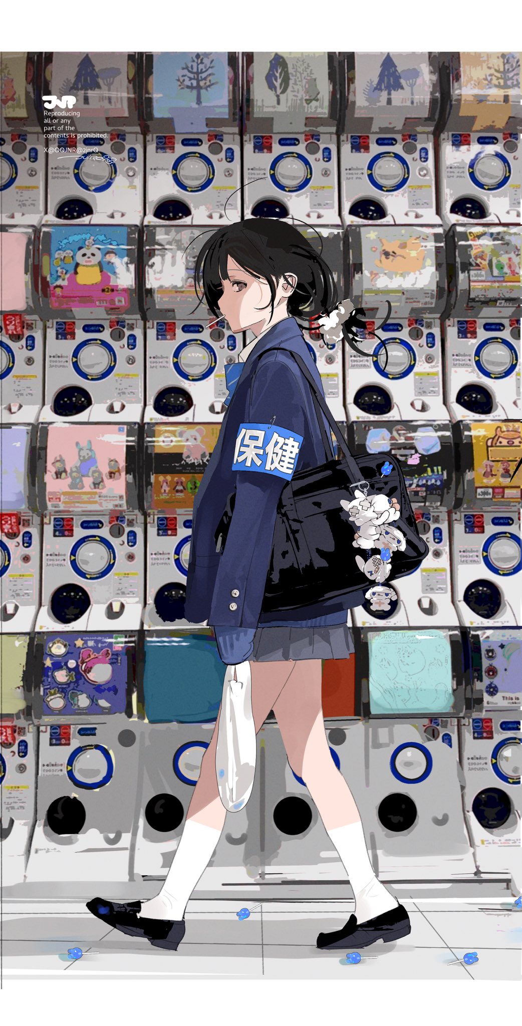 1girl, armband, arms_at_sides, bag, black_bag, black_footwear, black_hair, blazer