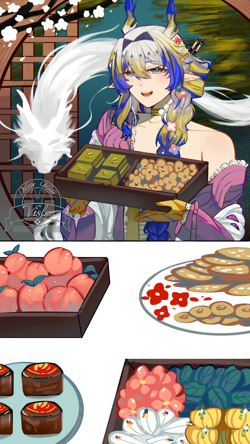 1girl, absurdres, arknights, artist_logo, banquet, blonde_hair, blue_hair, braid