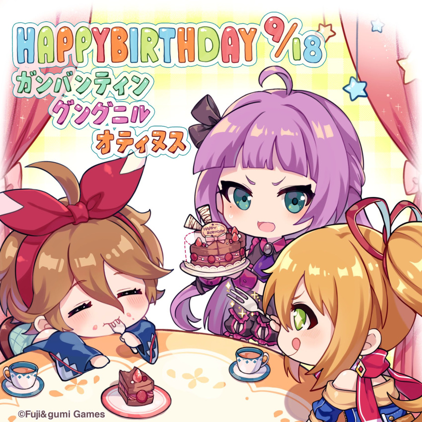 +_+, 3girls, :q, ahoge, ascot, brown_hair, cake, character_name